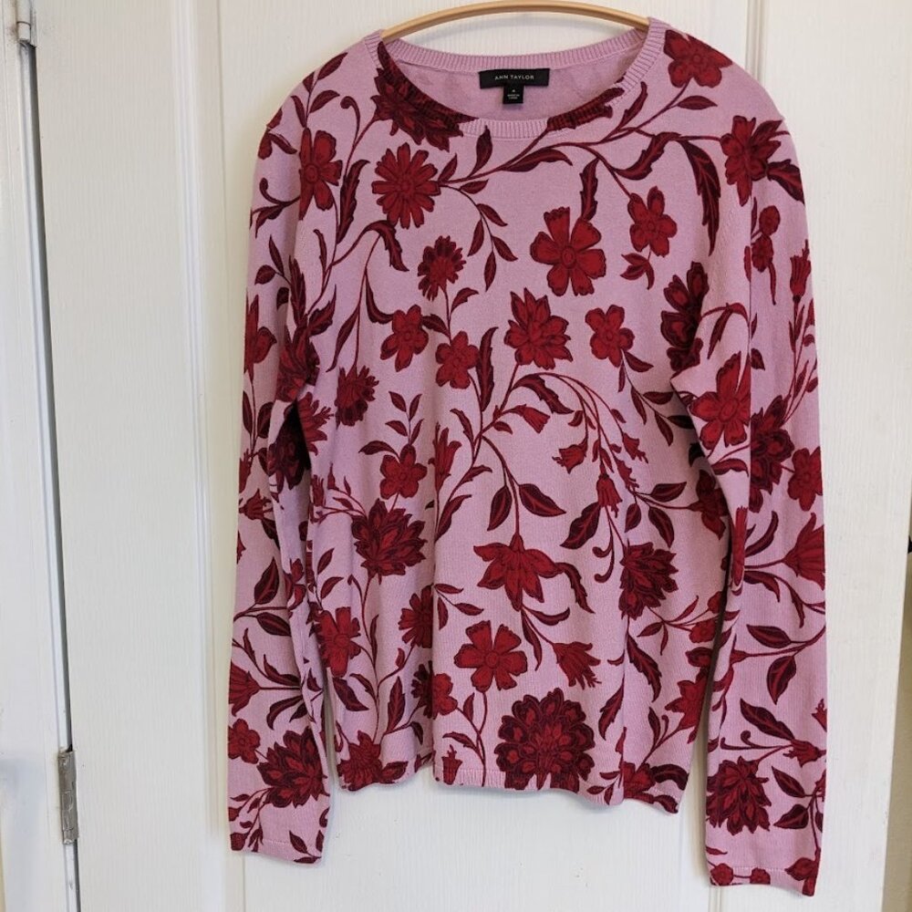 Ann Taylor 100% Cotton Pink and Red Floral Sweater - So Soft - Size Medium